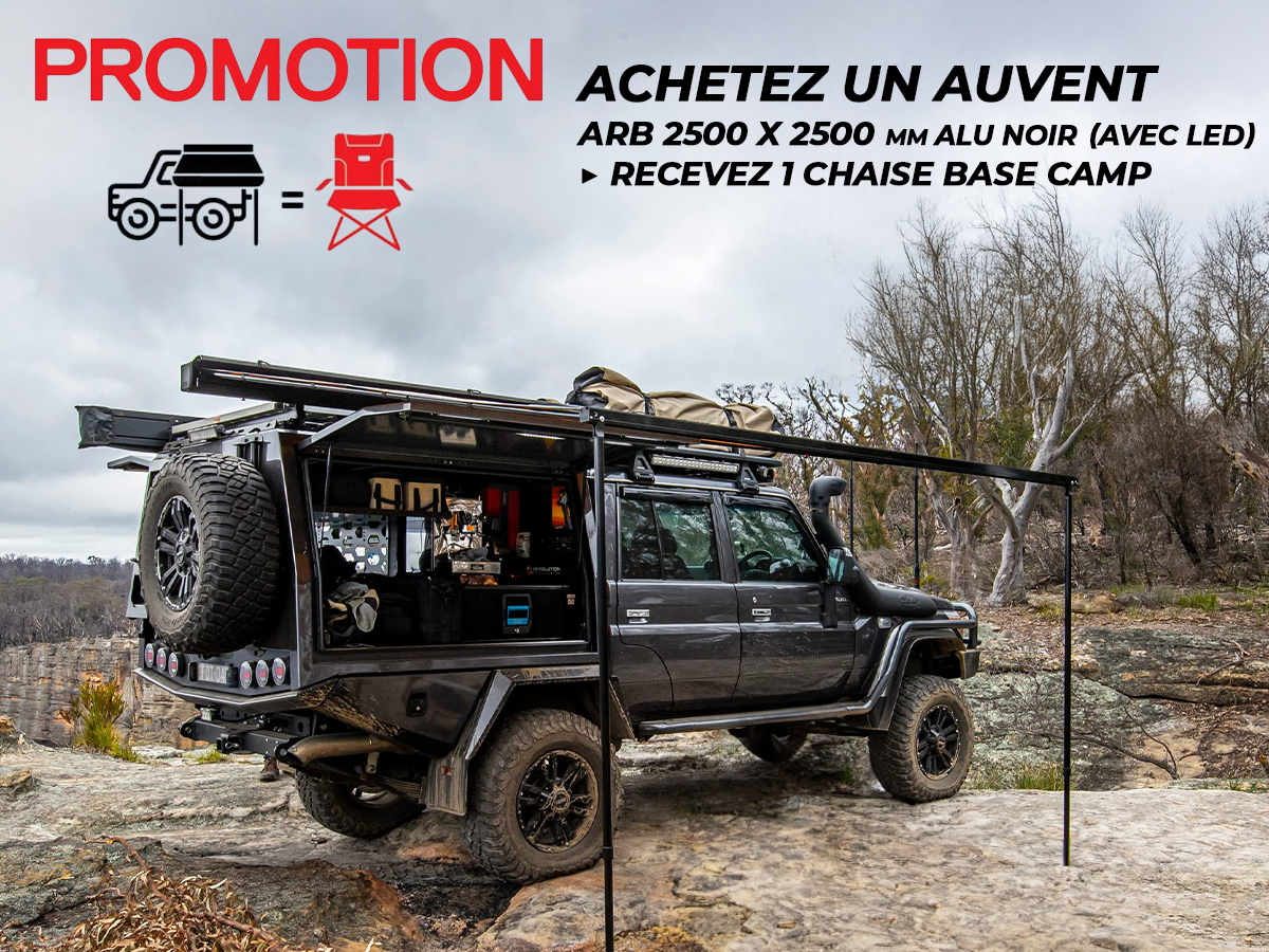 PROMO Auvent ARB 2500 x 2500 mm aluminium noir (avec LED incluse) + Chaise Base Camp OFFERTE